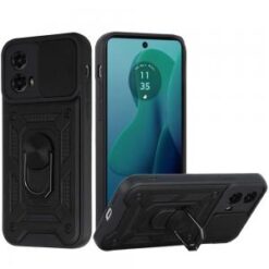 For Motorola Moto G 5G 2024 ELITE Camera Push Magnetic Ring Stand Hybrid Case Cover - Black