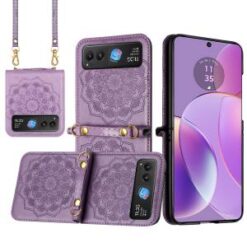 For Motorola Razr 2024 Embossed Floral Design Case Cover with Strap - Purple