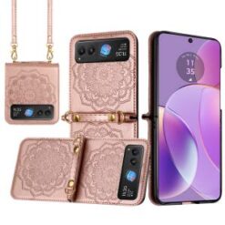 For Motorola Razr 2024 Embossed Floral Design Case Cover with Strap - Rose Gold