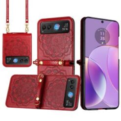 For Motorola Razr 2024 Embossed Floral Design Case Cover with Strap - Red