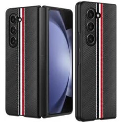For Samsung Z Fold 6 Velvet Fabric Flip Phone Premium PU Vegan Leather Cover Case - Black