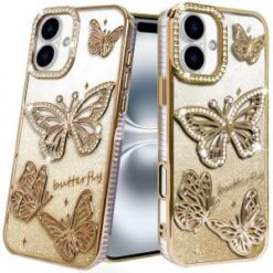 For iPhone 16 Plus 6.7 inch Butterfly Freedom Shimmer Glitter Thick TPU Case Cover - Gold