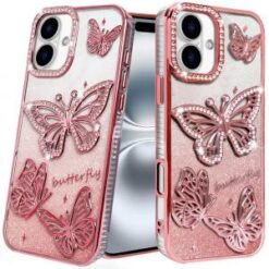For iPhone 16 Plus 6.7 inch Butterfly Freedom Shimmer Glitter Thick TPU Case Cover - Rose Gold