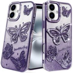 iPhone 16 6.1 inch Butterfly Freedom Shimmer Glitter Thick TPU Case Cover - Rose Gold