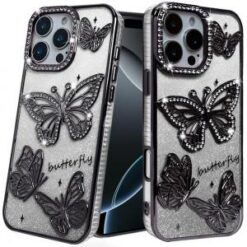iPhone 16 Pro 6.3 inch Butterfly Freedom Shimmer Glitter Thick TPU Case Cover - Black