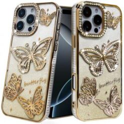 iPhone 16 Pro 6.3 inch Butterfly Freedom Shimmer Glitter Thick TPU Case Cover - Gold