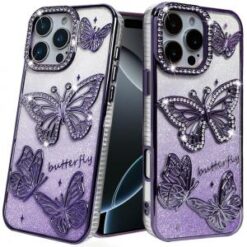 iPhone 16 Pro 6.3 inch Butterfly Freedom Shimmer Glitter Thick TPU Case Cover - Purple