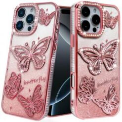 iPhone 16 Pro 6.3 inch Butterfly Freedom Shimmer Glitter Thick TPU Case Cover - Rose Gold
