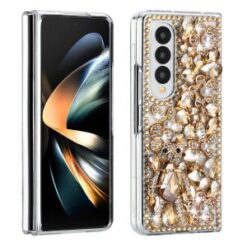 For Samsung Z Fold 6 Full Diamond with Ornaments Hard TPU Case Cover - Gold Panda Floral