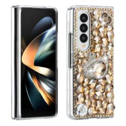 For Samsung Z Fold 6 Full Diamond with Ornaments Hard TPU Case Cover - Gold Swan Crown Pearl