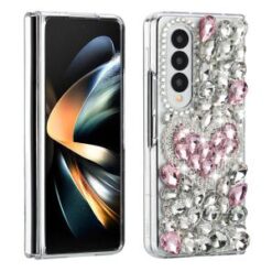 For Samsung Z Fold 6 Full Diamond with Ornaments Hard TPU Case Cover - Hearty Pink Pearl Heart