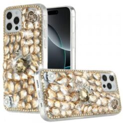 iPhone 16 Pro Max 6.9 inch Full Diamond with Ornaments Hard TPU Case Cover - Gold Swan Crown Pea