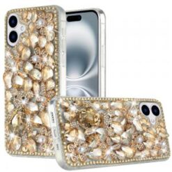 For iPhone 16 Plus 6.7 inch Full Diamond with Ornaments Hard TPU Case Cover - Gold Panda Floral