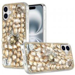 For iPhone 16 Plus 6.7 inch Full Diamond with Ornaments Hard TPU Case Cover - Gold Swan Crown Pearl