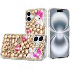 For iPhone 16 Plus 6.7 inch Full Diamond with Ornaments Case Cover - Gold Exquisite Garden