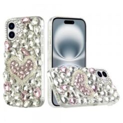 For iPhone 16 Plus 6.7 inch Full Diamond with Ornaments Hard TPU Case Cover - Hearty Pink Pearl Hear