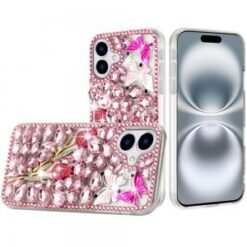 For iPhone 16 Plus 6.7 inch Full Diamond with Ornaments Case Cover - Pink Exquisite Garden