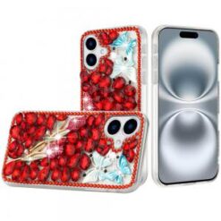 For iPhone 16 Plus 6.7 inch Full Diamond with Ornaments Case Cover - Red Exquisite Garden