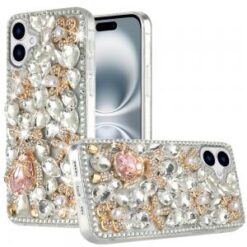 For iPhone 16 Plus 6.7 inch Full Diamond with Ornaments Hard TPU Case Cover - Silver Panda Floral