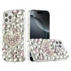 iPhone 16 Pro 6.3 inch Full Diamond with Ornaments Hard TPU Case Cover - Hearty Pink Pearl Heart