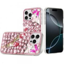 iPhone 16 Pro 6.3 inch Full Diamond with Ornaments Case Cover - Pink Exquisite Garden