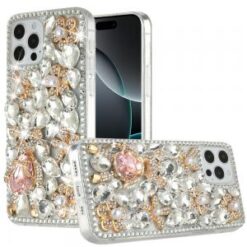 iPhone 16 Pro 6.3 inch Full Diamond with Ornaments Hard TPU Case Cover - Silver Panda Floral