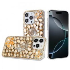 iPhone 16 Pro Max 6.9 inch Floral Full Diamond Bling Case Cover - Gold