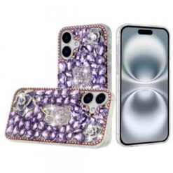 For iPhone 16 Plus 6.7 inch Floral Full Diamond Bling Case Cover - Purple