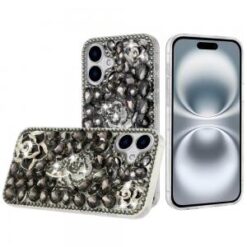 For iPhone 16 Plus 6.7 inch Floral Full Diamond Bling Case Cover - Smoke