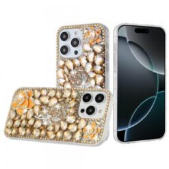 iPhone 16 Pro 6.3 inch Floral Full Diamond Bling Case Cover - Gold
