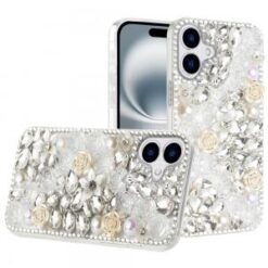 For iPhone 16 Plus 6.7 inch Rose Flower Full Diamond Bling Stones - Clear