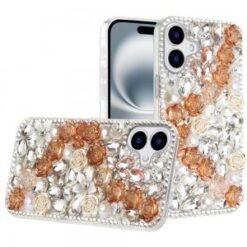 For iPhone 16 Plus 6.7 inch Rose Flower Full Diamond Bling Stones - Gold