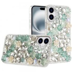 For iPhone 16 Plus 6.7 inch Rose Flower Full Diamond Bling Stones - Green