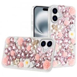 iPhone 16 6.1 inch Rose Flower Full Diamond Bling Stones - Red