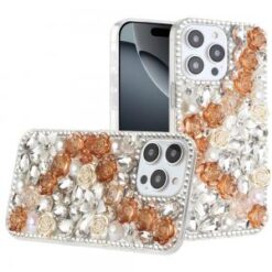 iPhone 16 Pro 6.3 inch Rose Flower Full Diamond Bling Stones - Gold