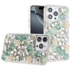 iPhone 16 Pro 6.3 inch Rose Flower Full Diamond Bling Stones - Green