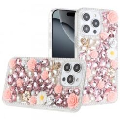 iPhone 16 Pro 6.3 inch Rose Flower Full Diamond Bling Stones - Pink