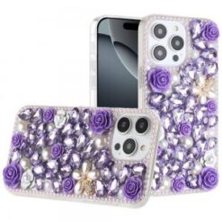 iPhone 16 Pro 6.3 inch Rose Flower Full Diamond Bling Stones - Purple