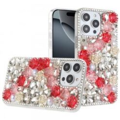 iPhone 16 Pro 6.3 inch Rose Flower Full Diamond Bling Stones - Red