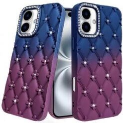 For iPhone 16 Plus 6.7 inch Floral Joy Glitter Shimmer Leather Feel Thick TPU Case - Dark Blue/Burgu