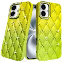For iPhone 16 Plus 6.7 inch Floral Joy Glitter Shimmer Leather Feel Thick TPU Case - Yellow/Green