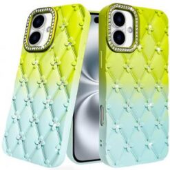 iPhone 16 6.1 inch Floral Joy Glitter Shimmer Leather Feel Thick TPU Case - Yellow/Green