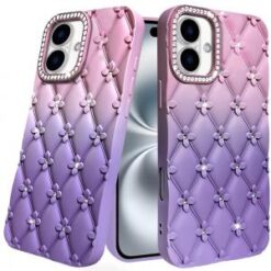iPhone 16 6.1 inch Floral Joy Glitter Shimmer Leather Feel Thick TPU Case - Orange/Pink