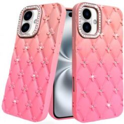 iPhone 16 6.1 inch Floral Joy Glitter Shimmer Leather Feel Thick TPU Case - Light Blue/Light Pin