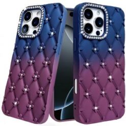 iPhone 16 Pro 6.3 inch Floral Joy Glitter Shimmer Leather Feel Thick TPU Case - Dark Blue/Burgun