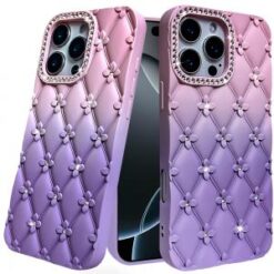 iPhone 16 Pro 6.3 inch Floral Joy Glitter Shimmer Leather Feel Thick TPU Case - Light Pink/Light
