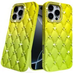 iPhone 16 Pro 6.3 inch Floral Joy Glitter Shimmer Leather Feel Thick TPU Case - Yellow/Green