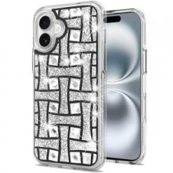 iPhone 16 6.1 inch Smiling Glitter Ornament Bling With Ring Stand Hybrid Case Cover - Black
