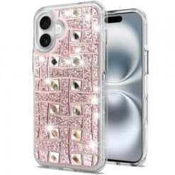 iPhone 16 6.1 inch Smiling Glitter Ornament Bling With Ring Stand Hybrid Case Cover - Blue