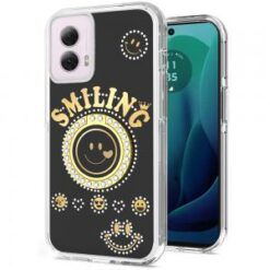 For Motorola Moto G 5G 2024 Smiling Glitter Ornament Bling With Ring Stand Hybrid Case Cover - Black